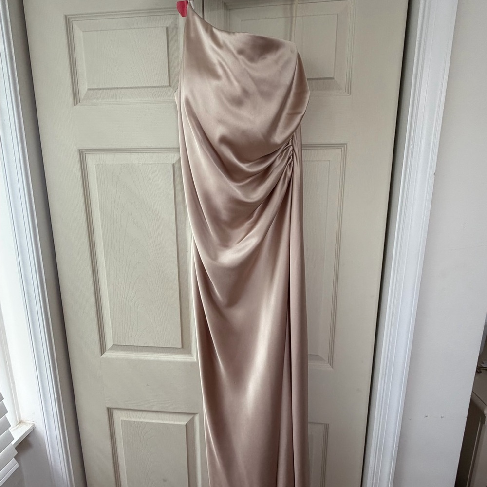 Revelry Silk-Look One-Shoulder Gown in Gold Champagne